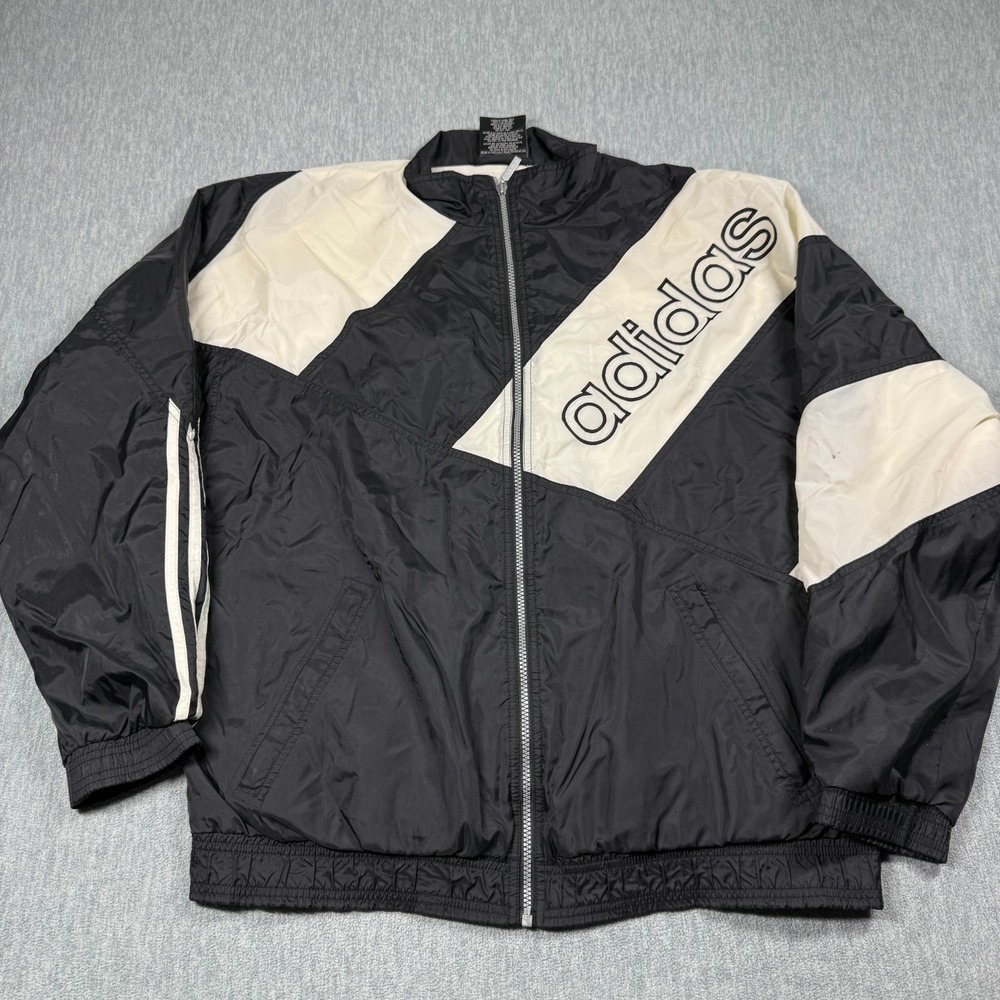 Adidas Jacket Men Large Black White Vintage Windbreaker Full Zip Colorblock Coat